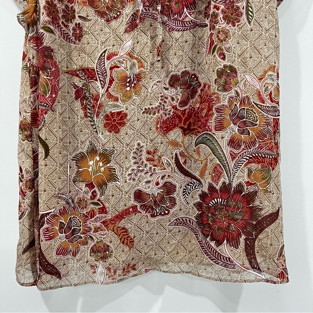 Joie Floral metallic Cap Ruffle Sleeve Size Medium Lined Brown Red Blouse Top - Picture 7 of 11